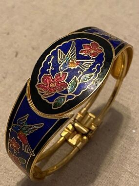 Vintage Gold Tone Cloisonné Hinge Blue Floral Bird Bangle Bracelet